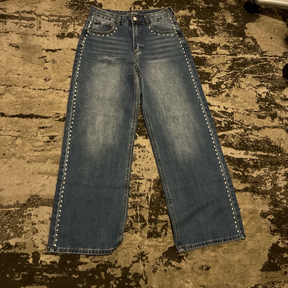 Studded Blue Wide-Leg Jeans